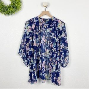 🌿 F21 Blue Floral White Pom Pom Trim Kimono Wrap